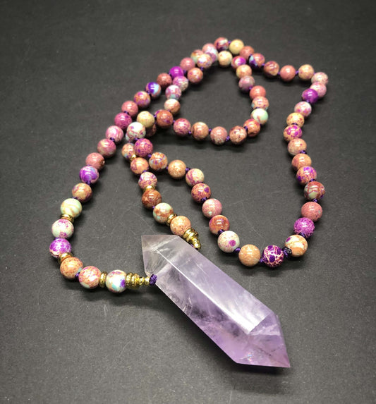 Sea Sediment Jasper with Amethyst point stone necklace 