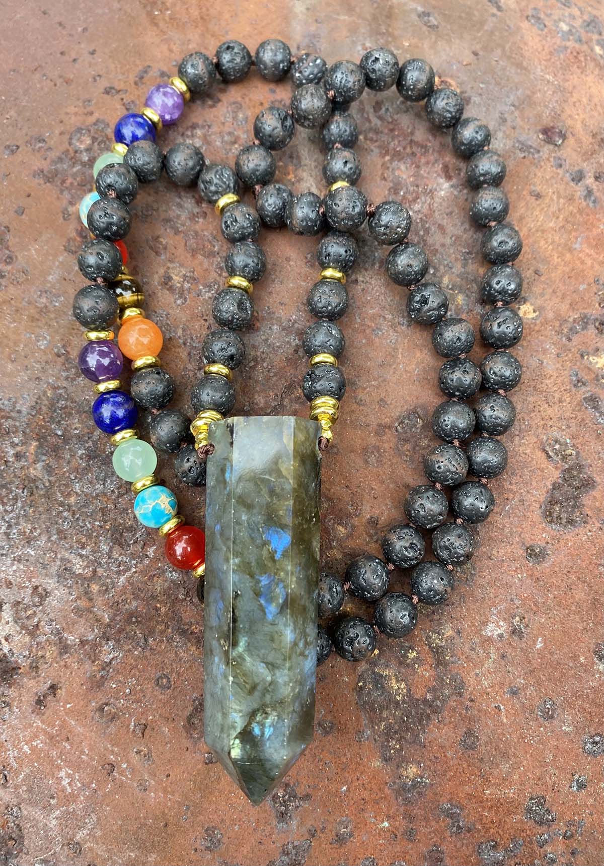 Stunning Chakra stone Mala necklace with natural labradorite point