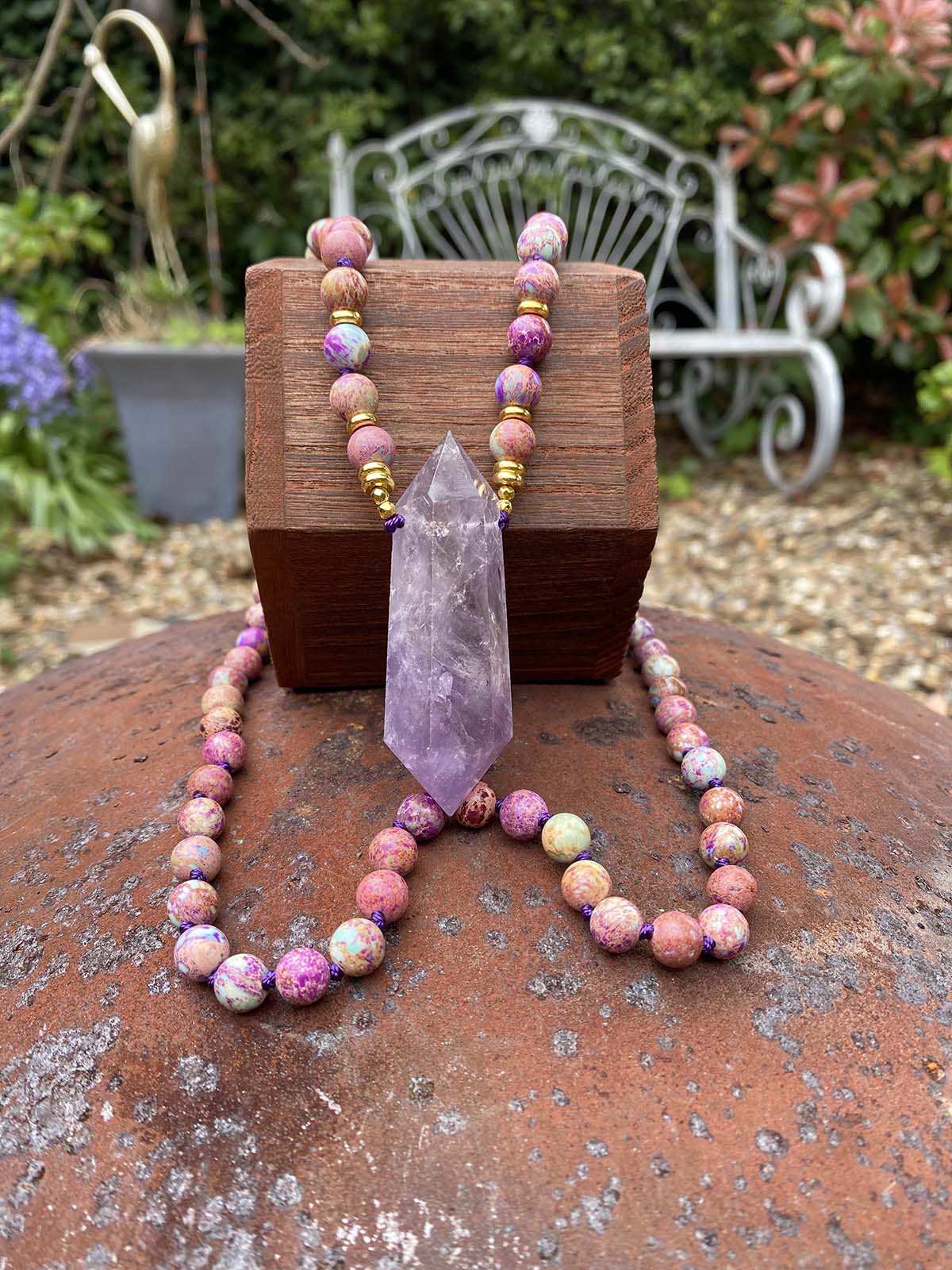 Sea Sediment Jasper with Amethyst point stone necklace 