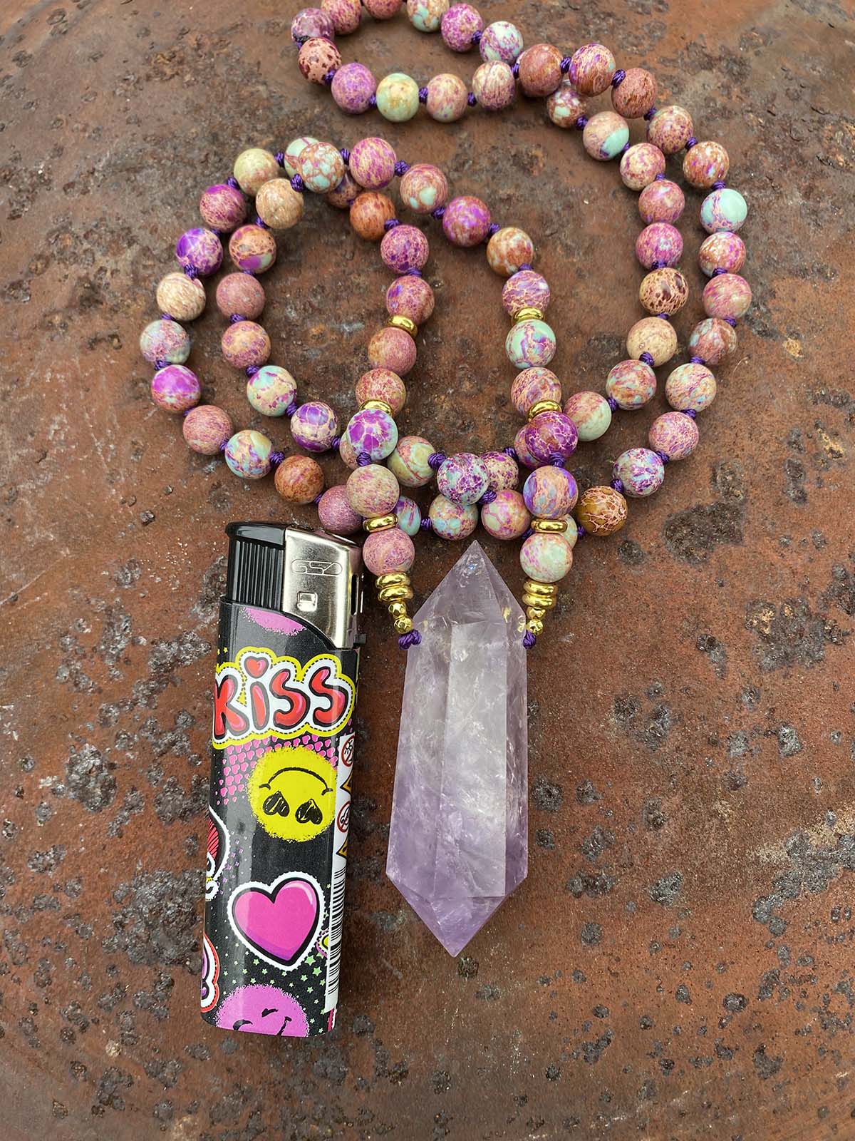 Sea Sediment Jasper with Amethyst point stone necklace 