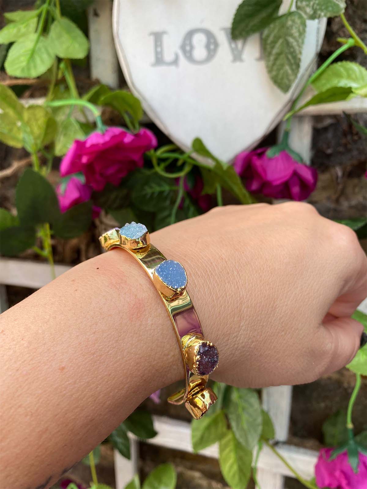 Natural Pastel Purple, Green and Blue Agate Druzy Bangle